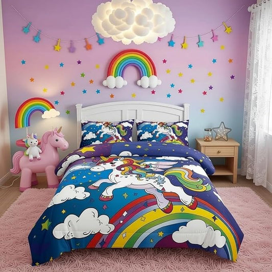Unicorn Comforter Set - 5PCS Bedding Set for Girls, Rainbow Unicorn Theme, Bed in a Bag with Flat & Fitted Sheet, Pillowcase