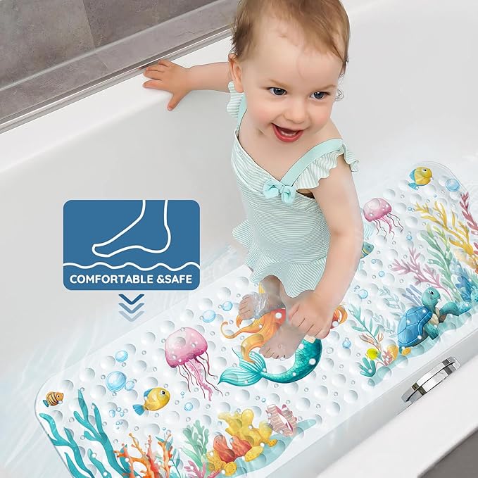 LNOND Bath Mat for Tub for Kids, Toddler Bathtub mat Non Slip, Sea Mermaids Kids Bath Mats for Bathroom Non Slip with Drain Holes and Suction Cups,Machine Washable (40 X 16 Inch)
