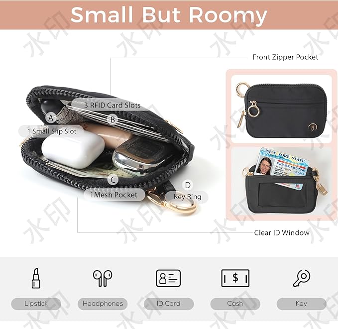 Wristlet Keychain Wallets for Women RFID Blocking Credit Card Holder Small Zipper Coin Purse Change Pouch with ID Window and Detachable Wrist Strap Beige Checkered