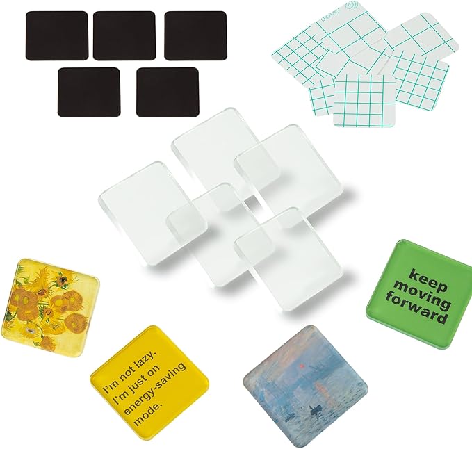 5 Pcs DIY Fridge Magnet Craft Set Acrylic Square Decorative Refrigerator Magnet with Adhesive Backing Ferrite Magnets for Office,Classroom,Cabinets,Kitchen(2 Inch,18 Piece)