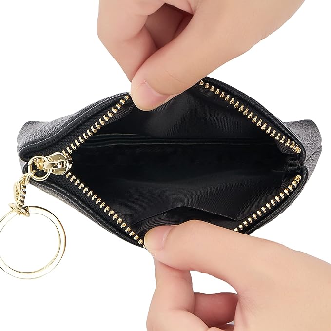 WOZEAH Artificial Leather Coin Purse Change Purse With Key Chain Ring Zipper For Men Women (A Black)
