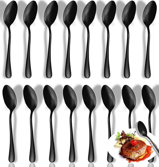 Black Spoons,Set of 16 Top Food Grade Stainless Steel Spoons Silverware, 6.7 Inches, Mirror Finish & Dishwasher Safe, New Apartment Essentials Flatware