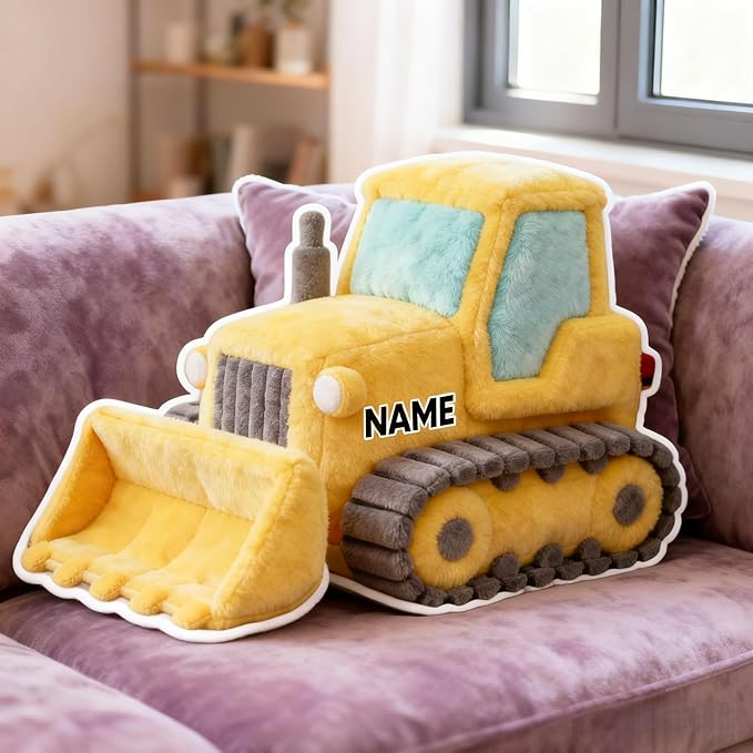 Personalized Bulldozer Shaped Pillow, Custom Name Plush Stuffed Pillows for Kids, Suitable for Beds, Sofas, Bedrooms, Living Rooms Custom Decorative Cushion Gifts for Birthday and Anniversary
