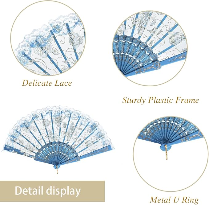 QIRMIZI 10 Pcs Rose Lace Folding Fans,Silk Folding Hand Fans, Perfect for Weddings, Parties, and Dancing,Light Blue