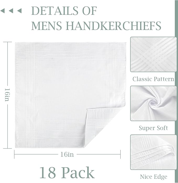 Handkerchiefs for Men, 100% Soft Cotton White Hankies, Classic Reusable Men's Handkerchiefs, 15x15 Inch Pocket Hanky