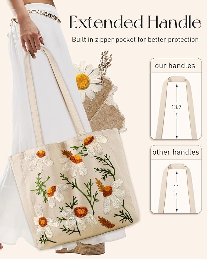 Miss Adola Aesthetic Embroidery Tote Bag for Women - Reusable Canvas Cute Shoulder Bag for Shopping, Grocery, Work, Book