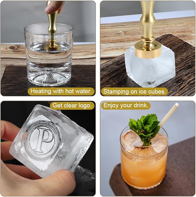 Ice Cube Stamp for Cocktails Ice Stamp Brass Head with Handle, Ice Branding Stamp for Ice Cubes Cocktail Whiskey Drinks Party Wedding Making DIY Crafting (Letter P)