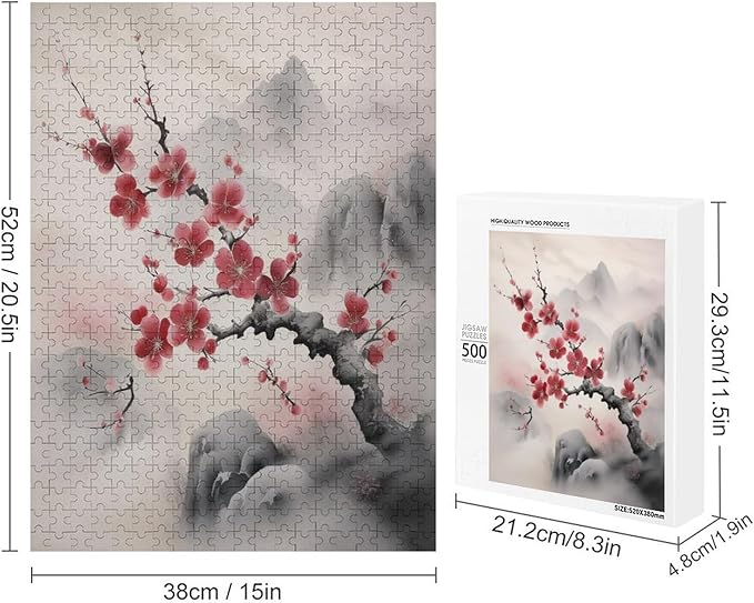 Red Plum Blossom Wooden Puzzle 500 Pieces Jigsaw Puzzles for Adults Puzzle Educational Toys Challenging Fun Games Gifts for Elders Kids Family and Friends