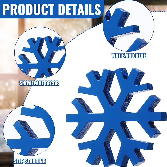 Blulu 4 Pcs Winter Wooden Snowflakes Decor Tabletop Decorations Christmas Snowflake Signs Winter Wooden Xmas Standing Table Sign Christmas Fireplace Decoration for Party Birthday(White and Blue)