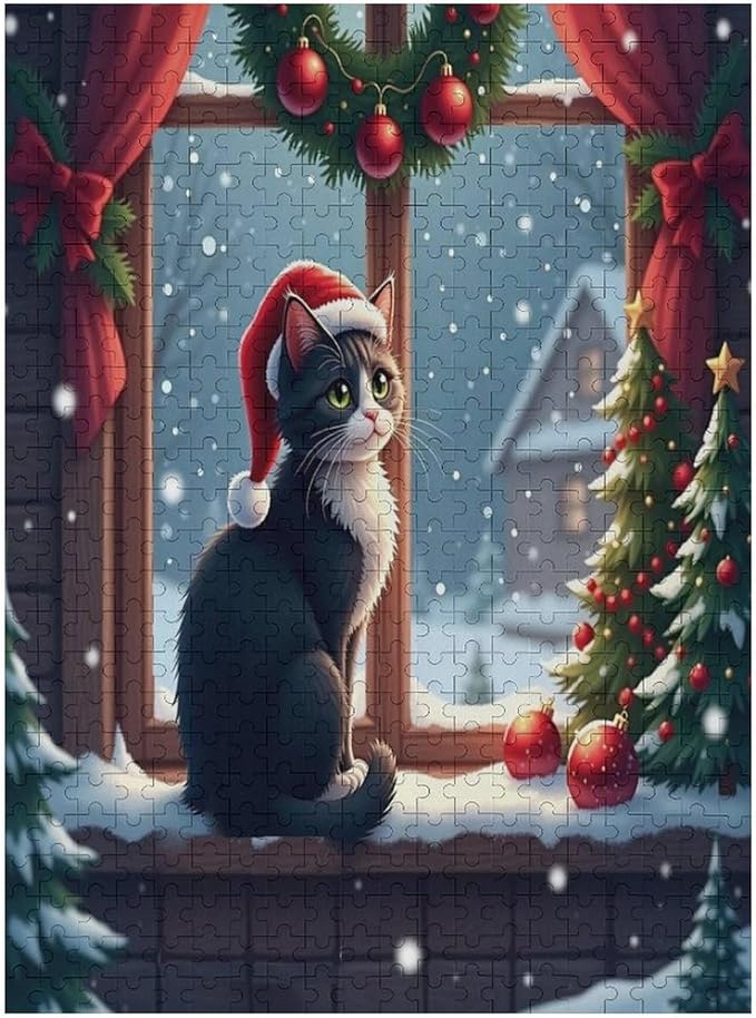 Jigsaw Puzzles for Adults 500 Piece - Christmas Black Cat Wooden Puzzles, Stress Relief Games, Funny Puzzles，Unique Gifts for Wall Art，Family Puzzles，Educational Games