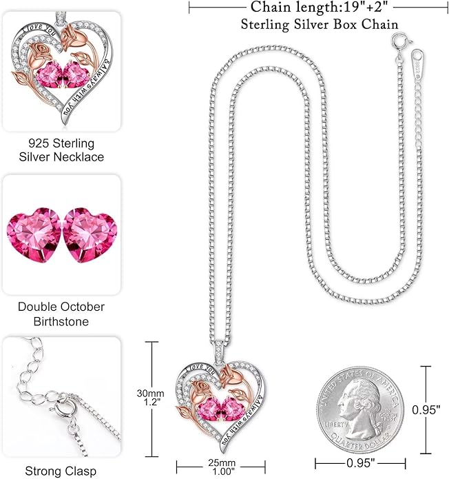 Iefil Valentines Day Gifts for Her - 925 Sterling Silver Rose Heart Birthstone Necklace Birthday Anniversary Jewelry Gifts for Her Wife Mom Daughter