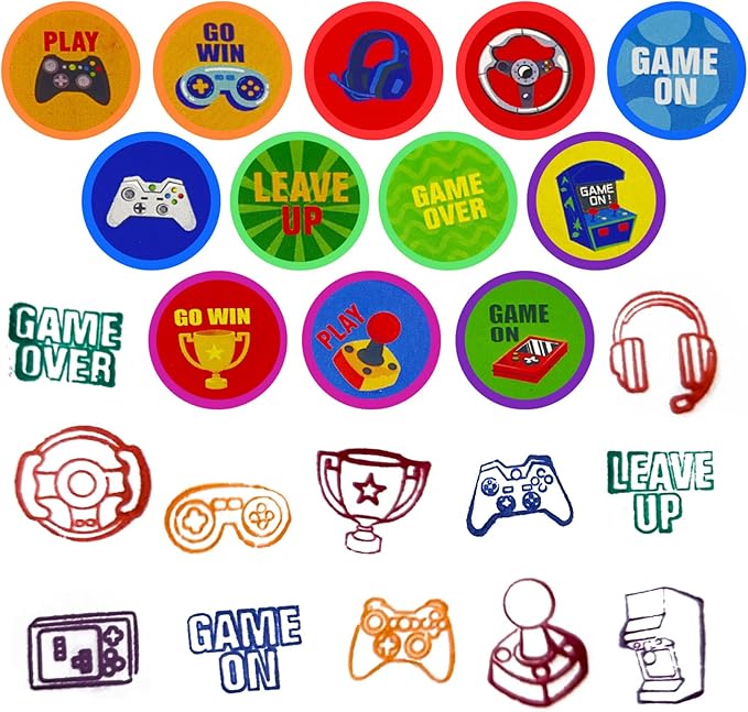 Cinrobiye 24 PCS Video Game Party Stampers，Gamer Birthday Party Favors for Boys Girls, Classroom Rewards, Carnival Prizes, Goodie Bag & Pinata Fillers, Game On Party Supplies