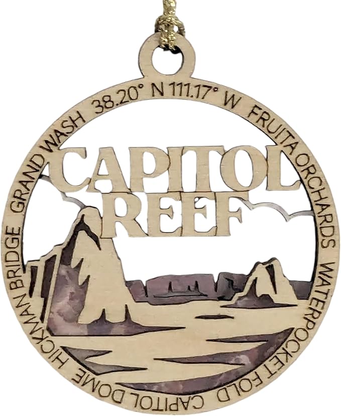 Capitol Reef National Park Wood Handcrafted Ornament - 3" Round Christmas Decoration, Made in USA, Featuring Iconic Landmarks