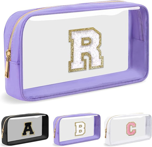 Personalized Initial Letter Clear Makeup Bag,Preppy Small Nylon&PVC Cosmetic Zipper Bag with Chenille Letter,Travel Skincare Toiletry Bag,Monogram Christmas Gift for Teen Girls Women,R