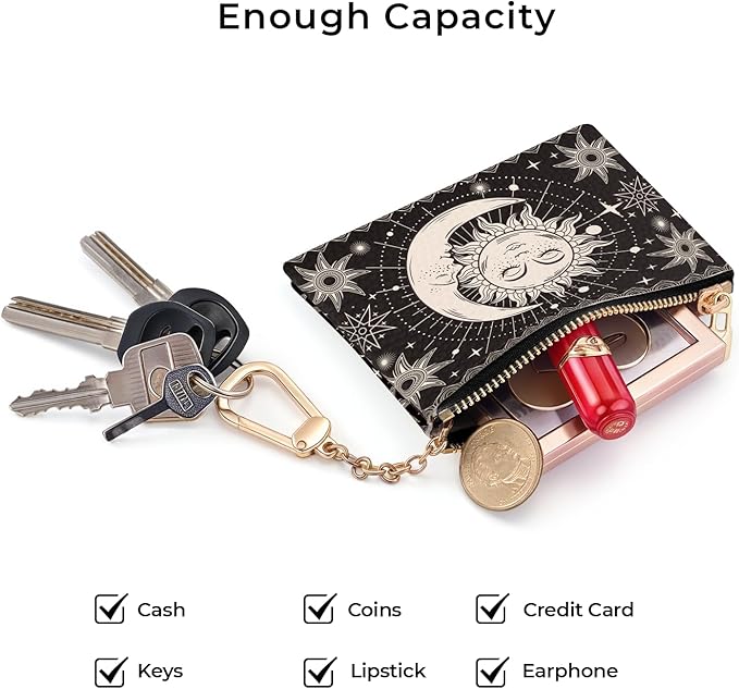 Sun Moon Keychain Coin Purse for Women, Small PU Leather Change Pouch, Zipper Little Tiny Travel Wallet for Girls, Cute Kawaii Zip Pocket Coin Holder with Key Ring