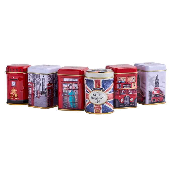 New English Teas British Icons 6x Tea Tin Gift Pack with 5 oz Loose English Tea - Union Jack, London Bus and Phone Box, UK Souvenir
