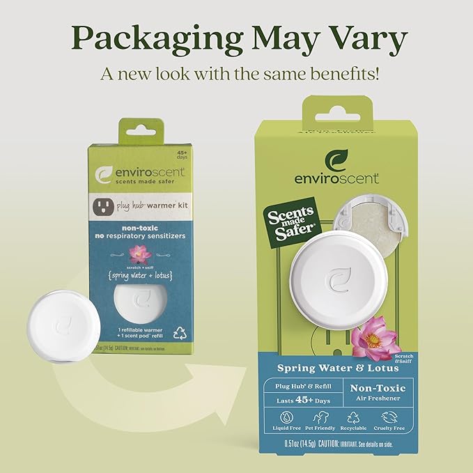 Enviroscent Non Toxic Air Freshener Plug-in Home Fragrance Last 45+ Days | Kit includes 1 Refillable Plug In Warmer & 1 Scent Refill (Spring Water & Lotus)