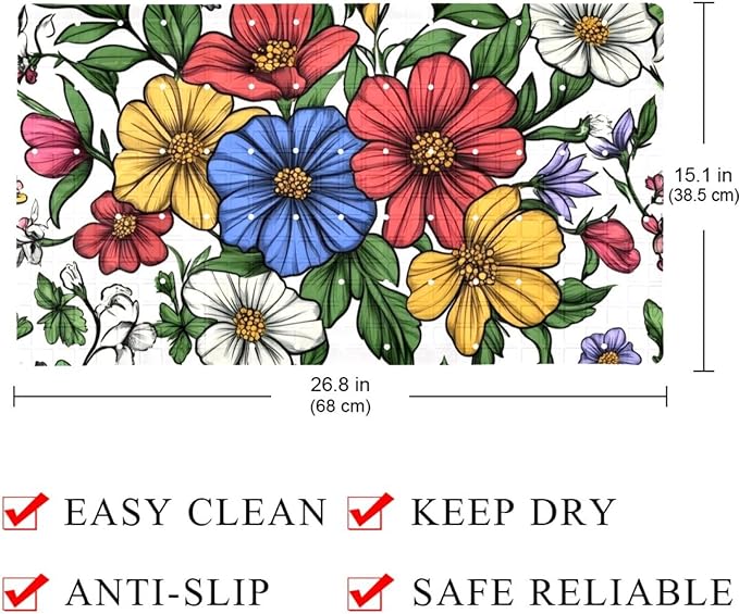 Spring Garden Flowers Leaves and Wild Flowers Bath Tub and Shower Mats, Non Slip Bathmat with Drain Holes and Suction Cups for Bathroom Floor, 15.1 x 26.8 Inch