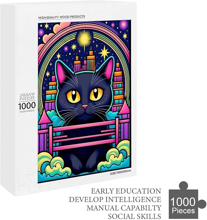 Wooden Puzzle - Dreamy Starry Night Cat Jigsaw Puzzles，Wooden Puzzles for Adults 1000 Pieces Challenge Puzzles，Educational Games，Family Puzzles，Unique Gifts for Wall Art