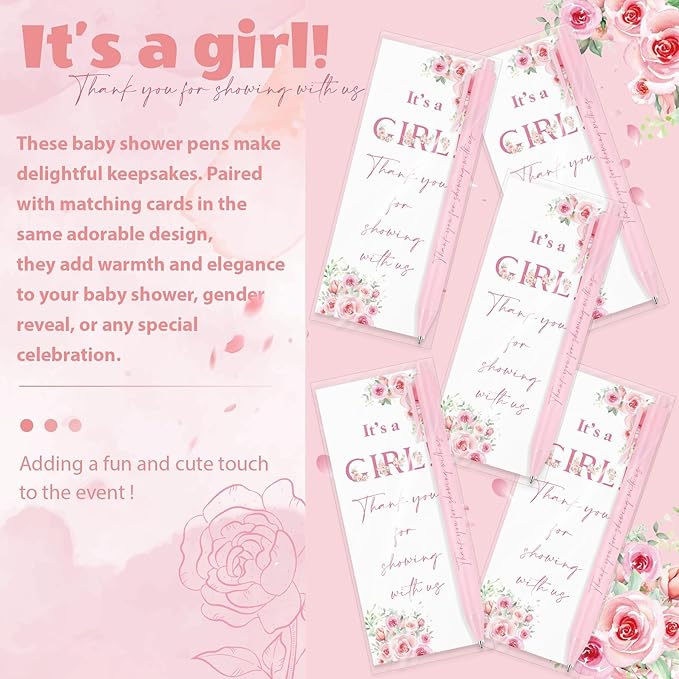 30 Sets It's a Girl Pens for Guests Girl Party Favors Retractable Ballpoint Pen with Bookmarks Black Ink Gender Reveal Souvenirs Prizes Supplies
