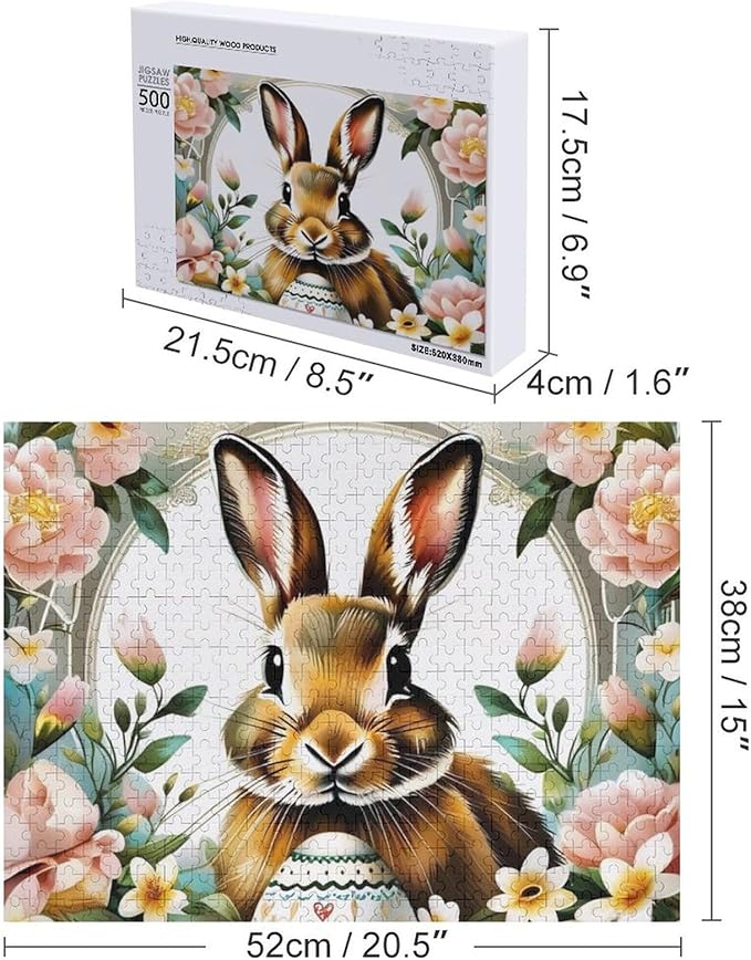 Wooden Puzzle - Easter Bunny with Flower Easter Egg Jigsaw Puzzles，Wooden Puzzles for Adults 500 Pieces Challenge Puzzles，Educational Games，Family Puzzles，Unique Gifts for Wall Art