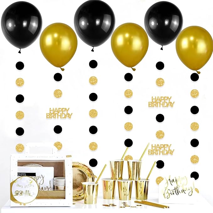 Gold and Black Happy Birthday Decorations, 6PCS Glittery Circle Dots Garland and 6PCS Gold/Black Balloons for Birthday Party Decor Balloon Tails