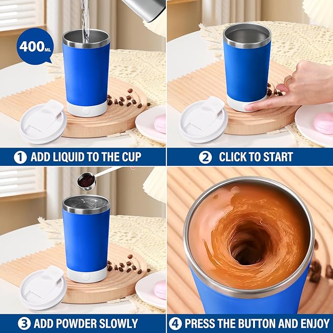 hatisan Self Stirring Coffee Mug With Lid Electric High Speed Self Stirring Mug 400ml Rechargeable Detachable Stainless Steel Self Stirring Cup for Coffee, Milk, Cocoa Christmas Gift(Blue)