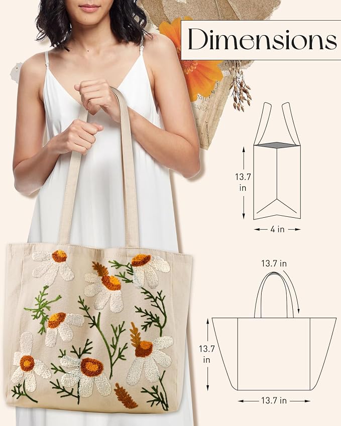 Miss Adola Aesthetic Embroidery Tote Bag for Women - Reusable Canvas Cute Shoulder Bag for Shopping, Grocery, Work, Book