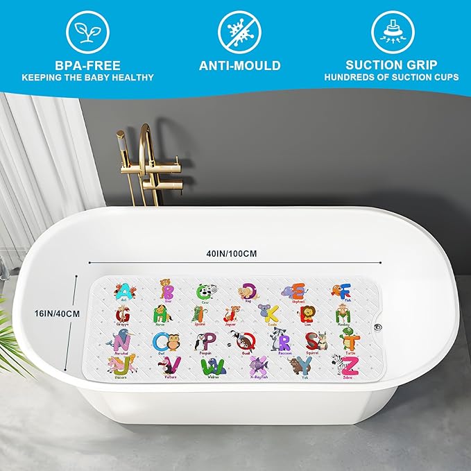 XIYUNTE Baby Bath Mat for Tub Non Slip Kids Bath Mat - 40''x16'' Extra Long Cartoon Bathtub Mat Non Slip Kids Shower Mat Eco-Friendly Toddler Bath Mats with Suction Cups, Machine Washable