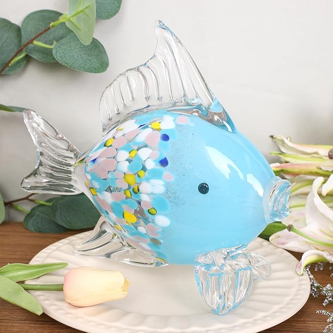 LCCCK Large Hand Blown Glass Fish Figurines, Aquarium Sea Glass Art, Fish Statue Sculpture Modern Coastal Accent - for Beach Knick Knacks, Coffee Tables, Nautical Offices Centerpiece (Colorful Blue)