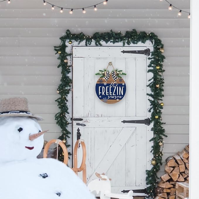 Deroro Winter It's Freezin' Season Blue Front Door Sign, Farmhouse Snowflake Wood Hanger Outdoor Outside Porch Decor, Rustic Christmas Wooden Wreath Indoor Wall Hanging Decoration with Plaid Bow