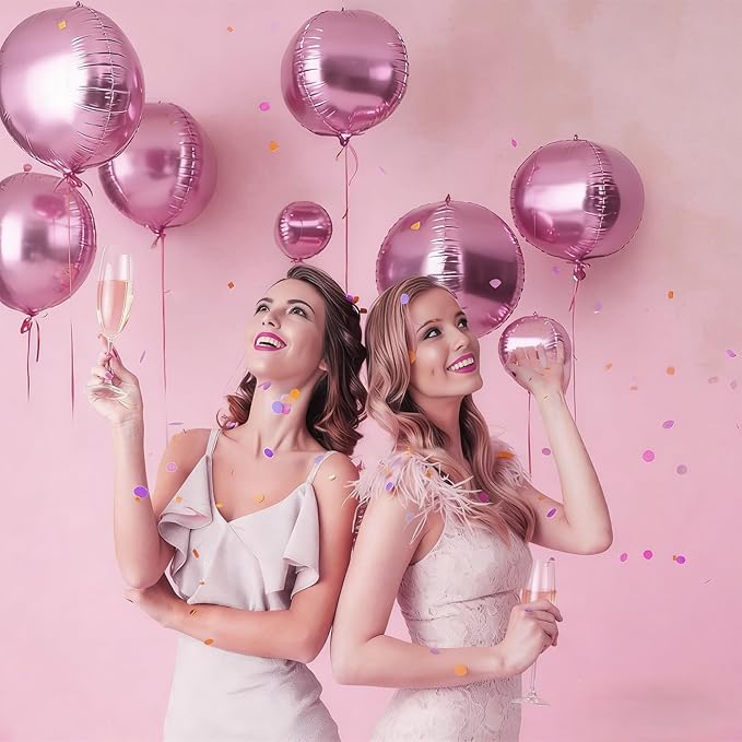 12PCS Pearl Pink Round Foil Balloons, 22" 15" 10" Large 4D Ball Balloons Metallic Pearl Pink Mirror Balloon for Graduation Valentines Day Wedding Women Girls Birthday Party
