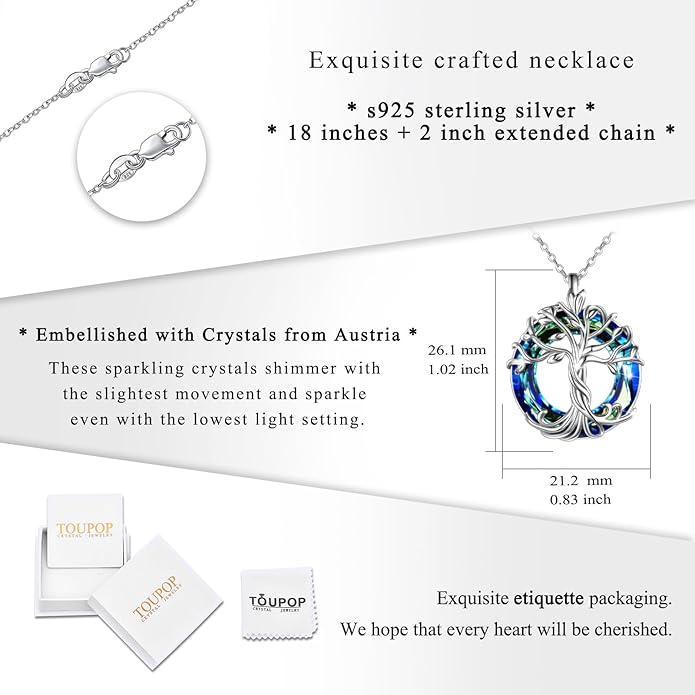 TOUPOP Tree of Life Necklace 925 Sterling Silver Family Tree Pendant Austrian Crystal Jewelry Valentines Day Birthday Gifts for Women Mom Wife Her