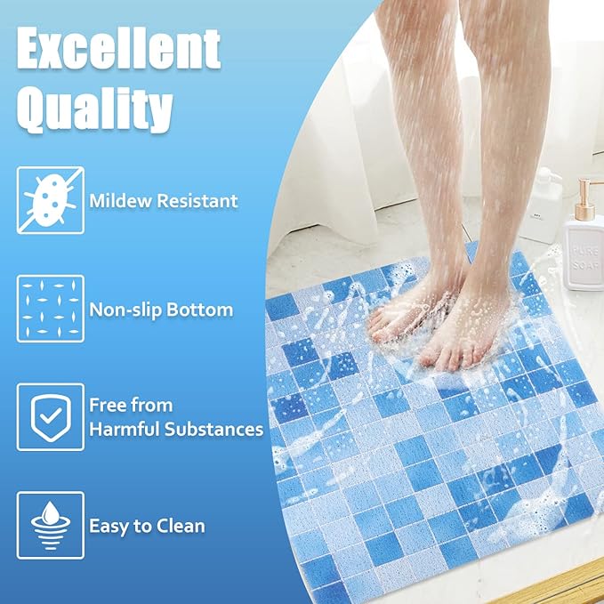 Shower Mat Non-Slip, Soft Comfort Bath Mat with Drainage Holes, PVC Loofah Massage Bathmat for Shower, Bathroom, Wet Areas, Quick Drying