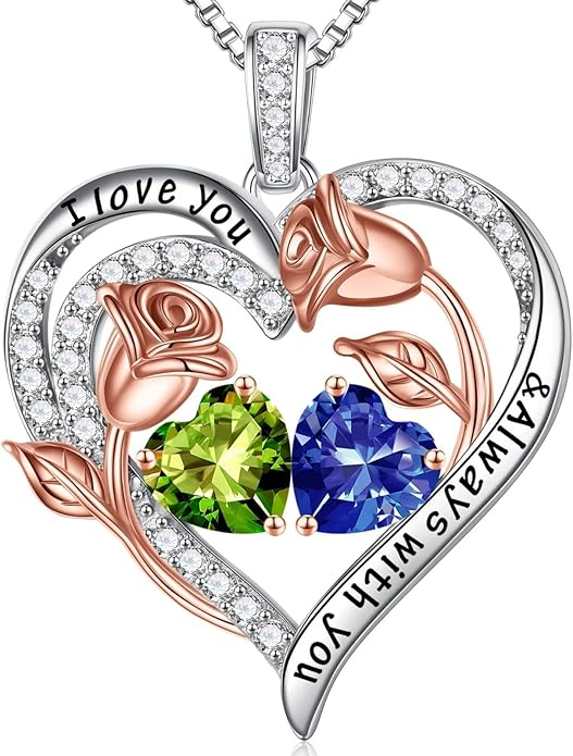 Iefil Valentines Day Gifts for Her - 925 Sterling Silver Rose Heart Birthstone Necklace Birthday Anniversary Jewelry Gifts for Her Wife Mom Daughter