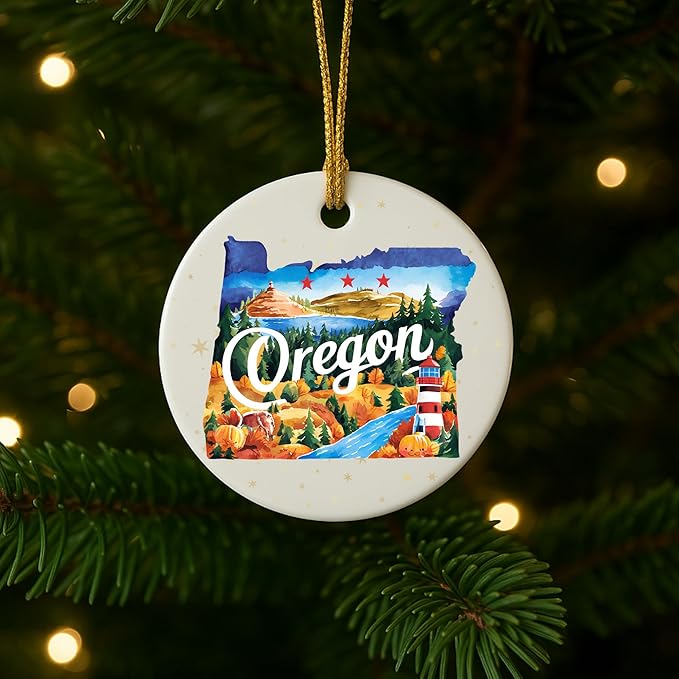 USA State Landmark Ceramic Ornament – Round Glossy Christmas Decoration Featuring U.S. State Art, Landmarks & Holiday Scenery – Collectible Travel Souvenir Ornament Series (Oregon)
