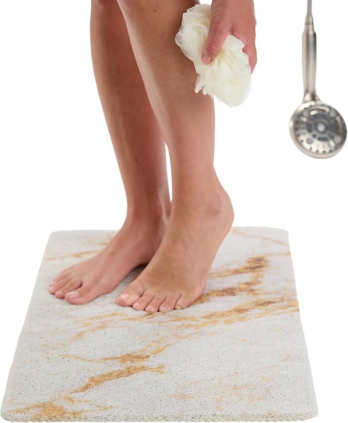 ENKOSI Loofah Non-Slip Shower and Bath Mat - Soft Cushioned Comfort - No Suction Cups for Smooth or Textured Tubs - Fast Draining - Safety for Bathroom, Family and Elderly (24x16 Marble Gold)