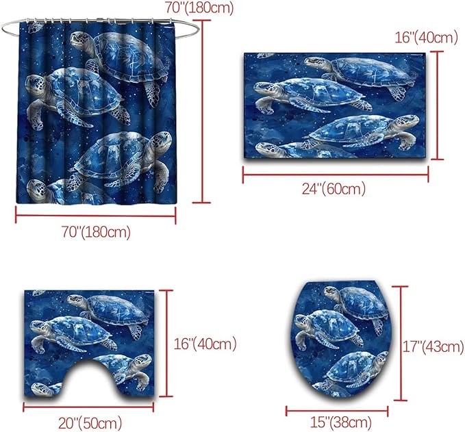 Sea Turtle Shower Curtain - 4 Pcs Turtle Bathroom Shower Curtain Sets with Rug Turtle Shower Curtains for Bathroom Sea Turtle Bathroom Decor for Bathroom Decor with 12 Hooks
