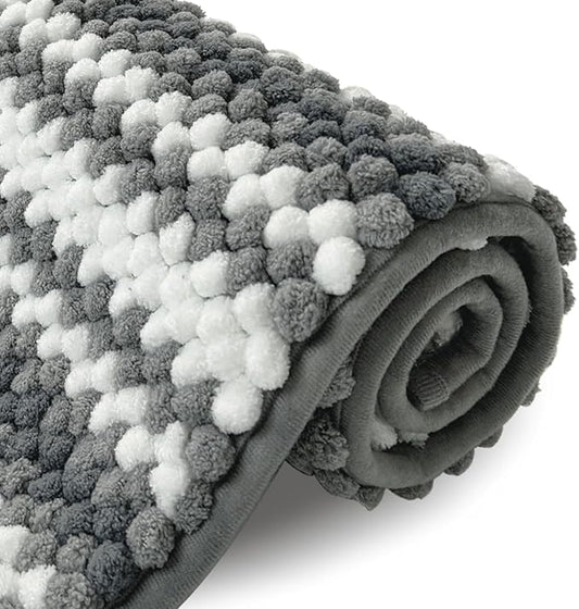 HDFK Bath Mat & Bathroom Rugs, Ultra Soft Looped Chenille Popcorn, Super Absorbent & Non-Slip, Odorless Hot Melt Adhesive Carpet, Striped Shower Rug for Bathtub Floors (32x20 Inch, Black Gray, White)