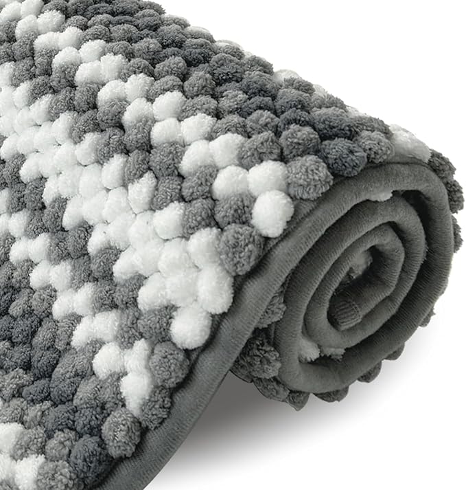 HDFK Bath Mat & Bathroom Rugs, Soft Looped Chenille Popcorn, Super Absorbent, Non-Slip Shower Rug Odorless Hot Melt Adhesive Base, Striped Carpet for Bathtub Floors (24x17 Inch, Black Gray, White)