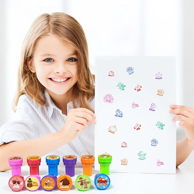 Cinrobiye 24 Pcs Fall Party Stampers for Kids, Autumn Thanksgiving Party Supplies Favors, Classroom Rewards, Carnival Prizes, Goodie Bag Pinata Fillers for Harvest Party School Events