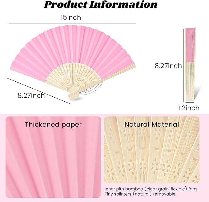 JOHOUSE 12 PCS Paper Folding Hand Fans, 8.3 Inch Pink Paper Fans Handheld Portable for Wedding, Party Favors, Bridal Baby Shower DIY Crafts Pink Party Decorations Valentine's day gifts for class