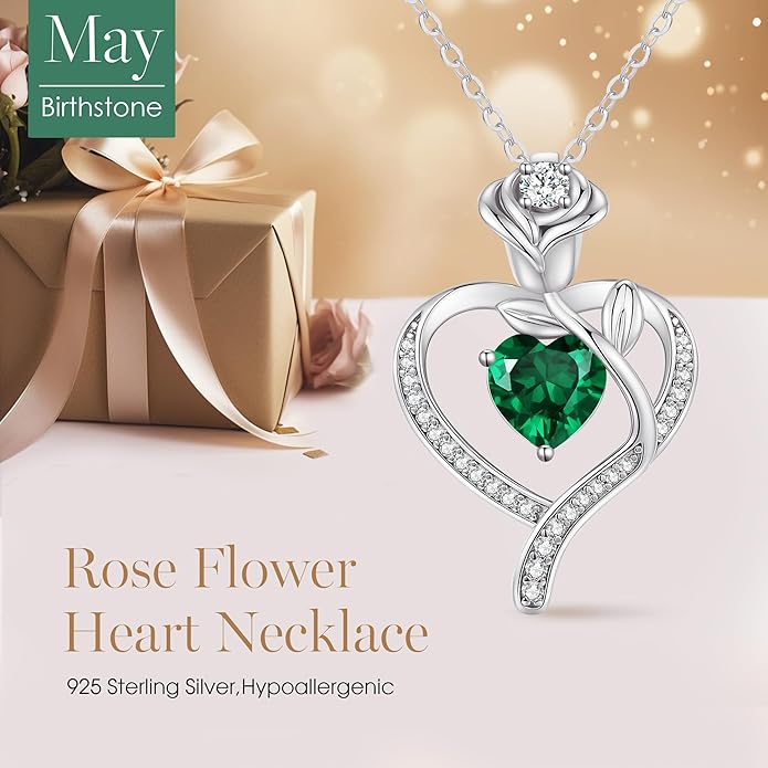 LOUISA SECRET Rose Flower Heart Birthstone Necklaces for Women, 925 Sterling Silver Fine Jewelry, Pendant Heart Necklaces Birthday Anniversary Christmas Gift for Women Wife Mom Girlfriend Lady