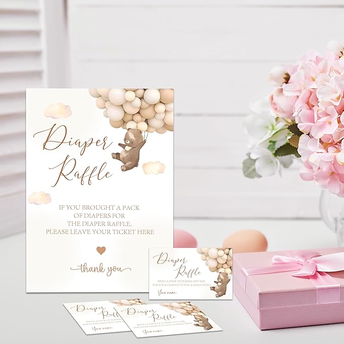Baby Shower Diaper Raffle Game Set - Watercolor Teddy Bear 1 Standing Sign & 50 Diaper Raffel Tickets - Baby Announcement, Gender Reveal Party Activities & Decorations For Boys, Girls - A06