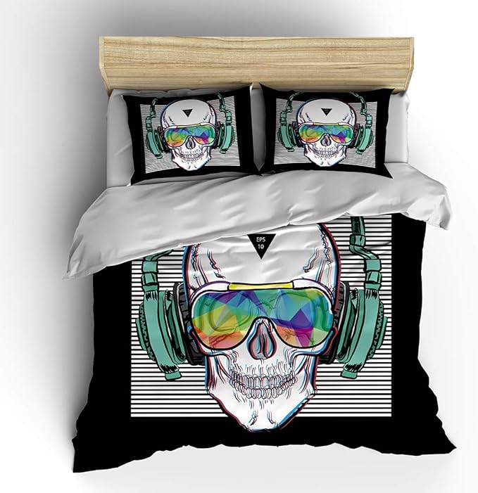 Music Skull Comforter Sets Queen Size Boys Girls Punk Rocker Skeleton Printed Soft Warm Bedding for All Season