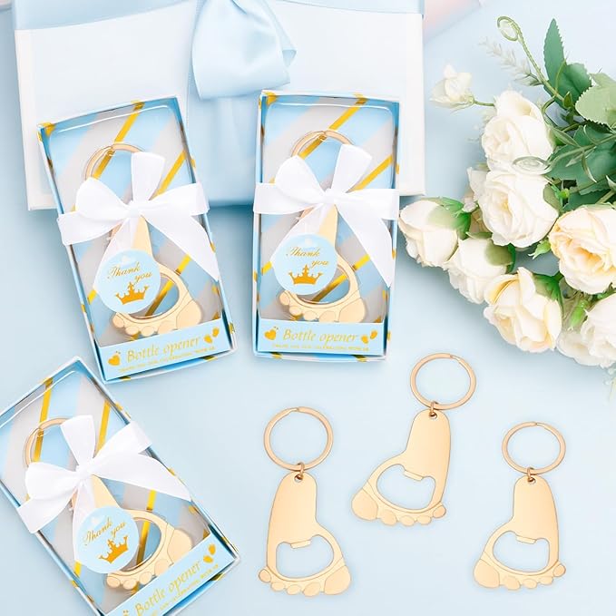50Pcs Baby Boy Foot Keychain Footprint Bottle Openers Footprint Keychain Bottle Opener Small Foot Bottle Opener Keychain Baby Shower Return Gift for Party Favors with Blue Boxes