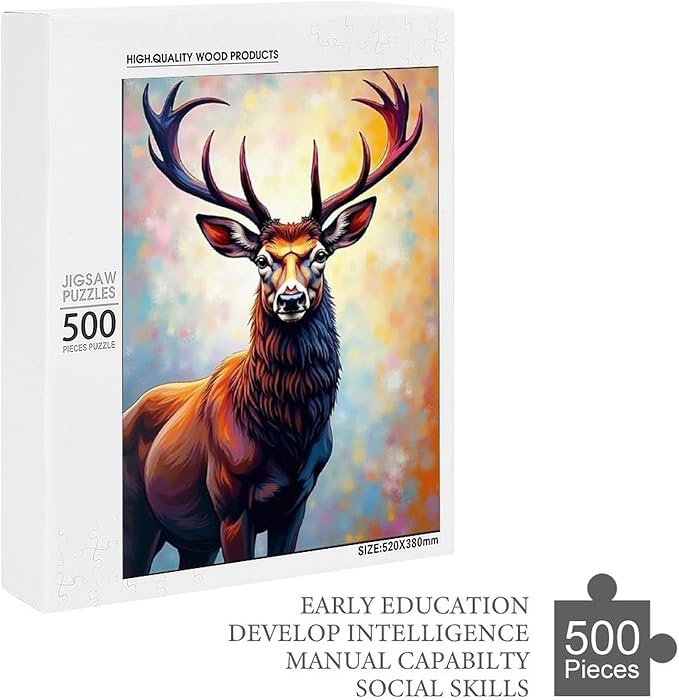 Wooden Puzzles 500 Piece，Color Abstract Deer Painting Themed Jigsaw Puzzles，Family Puzzles，Unique Gifts for Wall Art，Funny Puzzles，Stress Relief Games，Puzzle Games