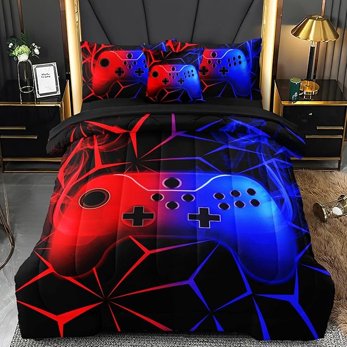6 Pcs Full Bedding Set for Boys, Blue-red Full Size Bed in A Bag Gamer Boys Comforter Set for Teens