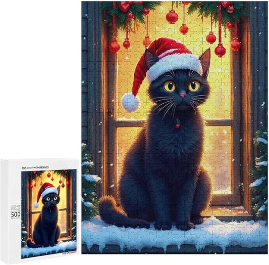 Jigsaw Puzzles for Adults 500 Piece - Christmas Black Cat Wooden Puzzles, Funny Puzzles，Unique Gifts for Wall Art，Family Puzzles，Educational Games，Challenge Puzzles