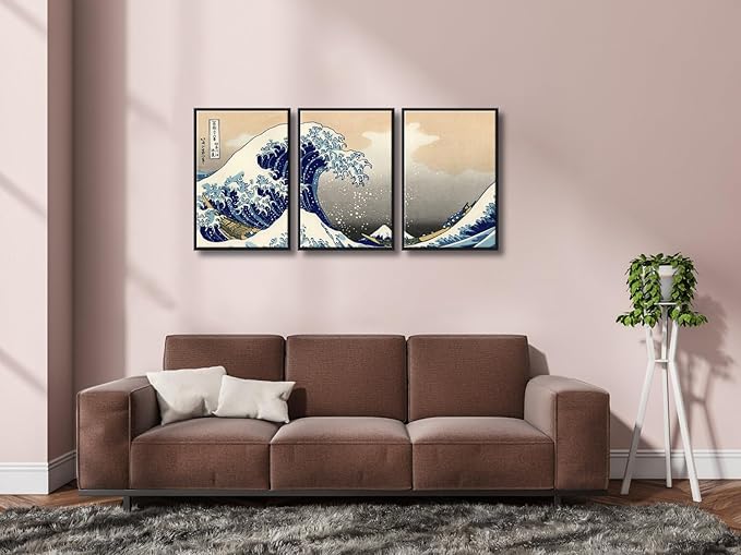 Wieco Art Black Framed Great Wave of Kanagawa Katsushika Hokusai 3 Piece Modern Canvas Prints Artwork Abstract Pictures Paintings on Canvas Wall Art for Home Office Decorations Wall Decor